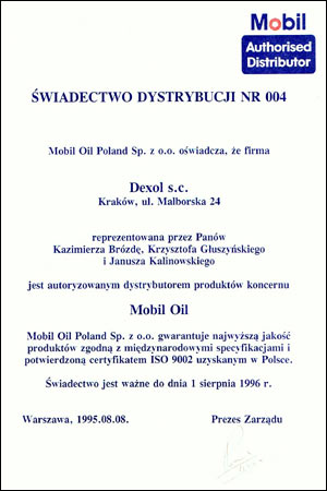 mobil dexol certyfikat dystrybutora 1995