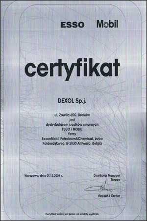mobil dexol certyfikat dystrybutora 2006